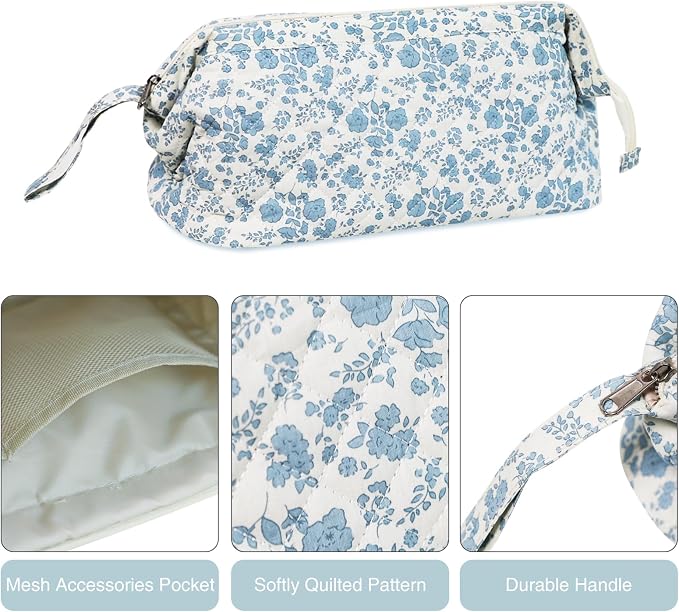Stratalife Quilted Hair Tools Travel Bag with Polishing Cloth Compatible with Dyson Airwrap Shark Flex Style, Portable Toiletry Bag Hair Dryer Curling Iron Carrying Case Travel Essentials Blue Flower