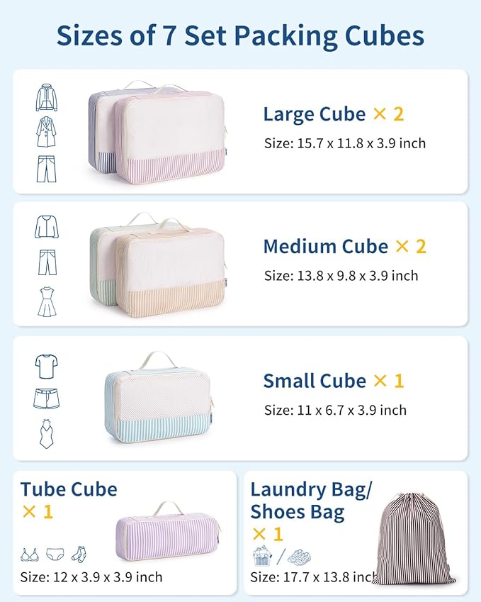Narwey 7 Set Striped Packing Cubes for Travel Carry on Suitcase Luggage Organizer Bags for Kids Women Men, Durable Packing Organizers Bag, Travel Essentials Accessories (Stripe Combined)