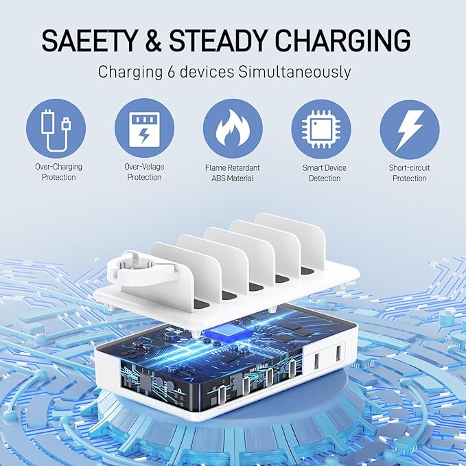 CREATIVE DESIGN Charging Station for Multiple Devices, 50W 6 Ports Charging Dock with 6 Cables Compatible with Cellphone,Tablet, Kindle, Apple Watch and Other Electronic