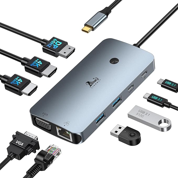 Laptop Docking Station 4 Monitors, 9 in 1, Dual HDMI+DP+VGA, 100W PD, 5Gbps, 3 USB C/A Ports, Ethernet, LIONWEI Docking Station Dual Monitor, USB C Hub for Dell/HP/Surface/MacBook