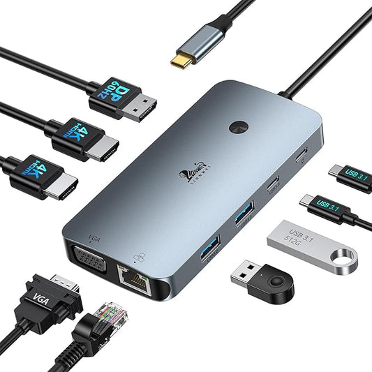Laptop Docking Station 4 Monitors, 9 in 1, Dual HDMI+DP+VGA, 100W PD, 5Gbps, 3 USB C/A Ports, Ethernet, LIONWEI Docking Station Dual Monitor, USB C Hub for Dell/HP/Surface/MacBook