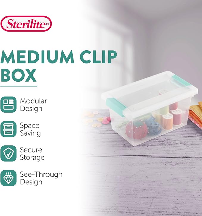 Sterilite 16-Pack Clip Box, Stackable Clear Plastic Bins with Latching Lids, Medium - Writing, Arts or Crafts Supplies Storage Containers for Home, Office, Classroom and Workshop Organization