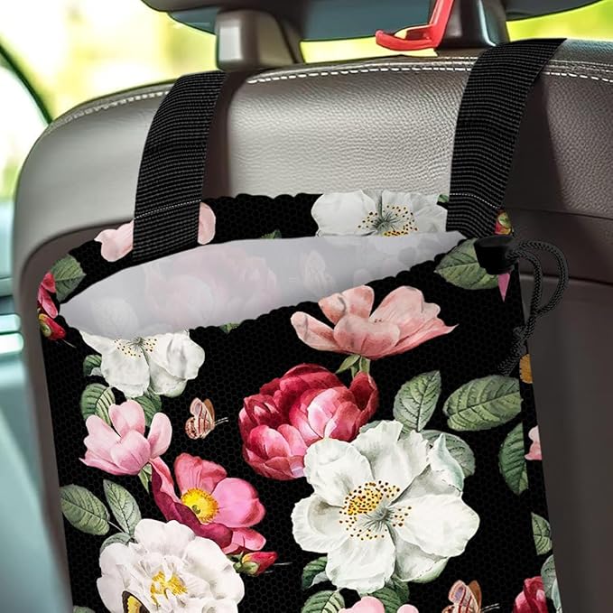 Car Trash Bag Hanging Back of Seat Waterproof Small Cute Printed One-handed Strap Drawstring Garbage Bags for Car-Black Floral