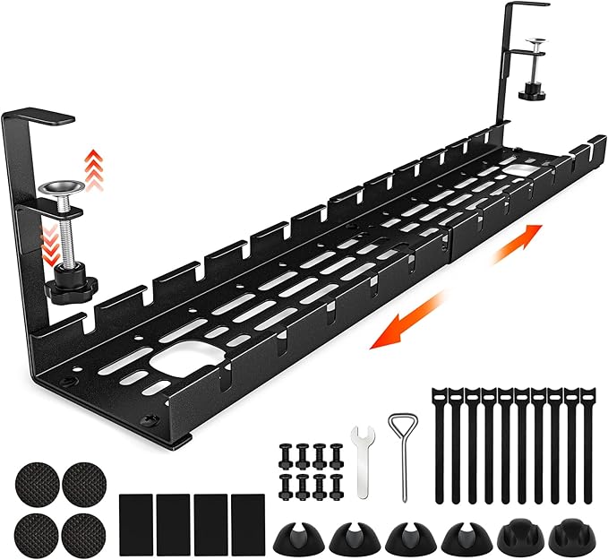 Shikha Cable Management Under Desk, 15.7"-31" Retractable Cable Management Tray, No Drilling Cord Organizer with Clamp for Desk, Under Table Wire Management Tray for Home Office