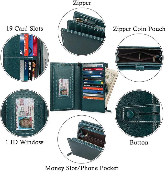 FT FUNTOR Women's Big Fat RFID Blocking Wallet Leather Zip Around Clutch Large Phone Organizer Wristlet