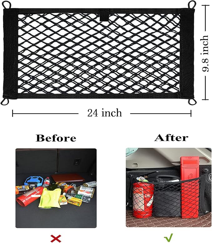 2 Pack Small Cargo Net Pocket Storage Mesh Net Elastic Automotive Cargo Nets Storage Pouch for Car Trunk Net, RV, Boat Storage Mesh Pocket Net with 8 Mounting Screws and Hooks (24 x 9.8 Inches)