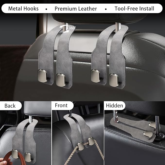 2Pcs Car Headrest Hooks with Premium Leather, Upgraded Double Metal Hooks with Anti-Drop Design, Universal Back Seat Hanger for Bags, Coats, Purses and Groceries (Stylish Gray)