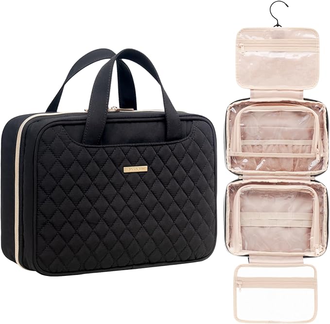 Everfun Hanging Toiletry Bag for Travel, Mothers Day Gift for Mom, 11x7.75x4.5 inch Medium Capacity Cosmetic Organizer with Leakproof Wet/Dry Compartment, Waterproof Dopp Kit for Women Black