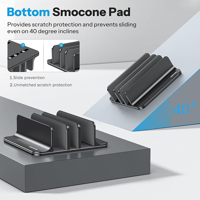 OMOTON Vertical Laptop Stand [Updated 3-Slots Version], Desktop Aluminum Mac Book Stand with Adjustable Dock Size, Fits All Mac Book, Surface, Chrome Book and Gaming Laptops (Up to 17.3 inch), Black