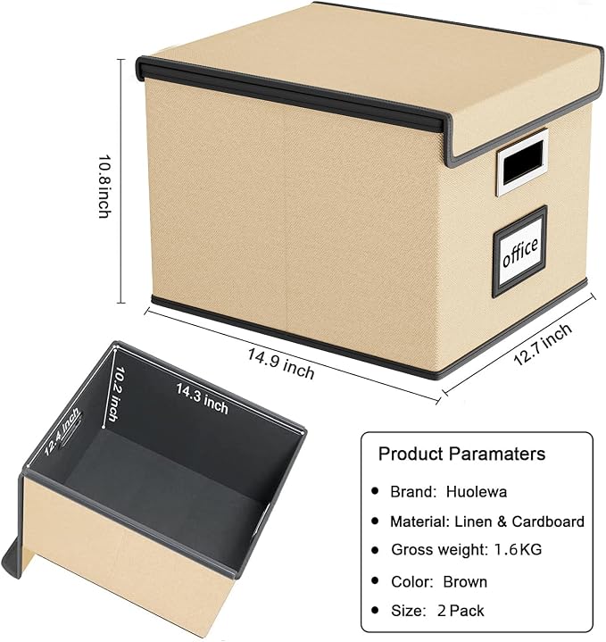 File Organizer Box with Lid, Collapsible File Folder Organizer for Office Document Storage, Filing Box with Plastic Slide for Letter/Legal Size Hanging Files, Brown, 2 Pack