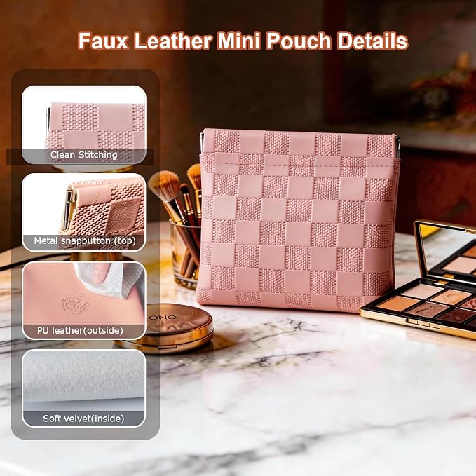 6 Pack 2 Sizes Small Makeup Bag for Purse, Checkered Snap Closure Pouches for Purse, PU Leather Coin Purse for Women, Mini Travel Organizer for Cosmetics Sunglasses Cash Lip Gloss Lipstick