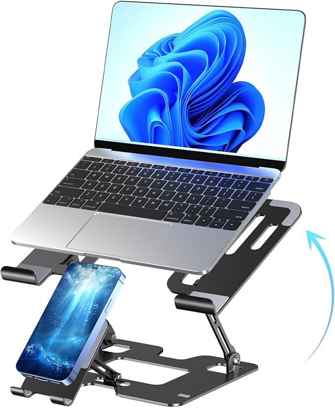 Ergonomic 2-in-1 Laptop Phone Stand for Desk, Adjustable Riser, Sturdy and Portable, Fits All Laptops and Phone (Black)