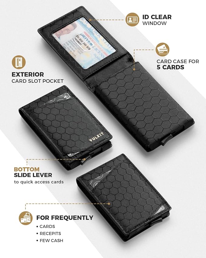 VULKIT Pop Up Wallet for Men, Credit Card Holder Minimalist Slim Bifold Wallets RFID Blocking with Gift Box Black Grid