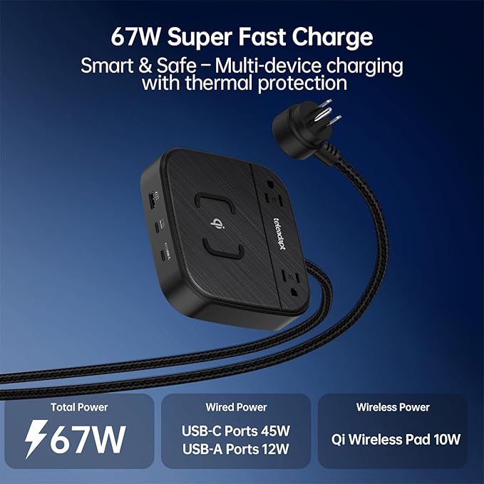 GaN Multi Charging Station 67W, 6-in-1 iPhone Charger Station with USB Ports, Wireless Charging, 2× AC Outlets, Desktop/Bedside/Nightstand Power Station, Hotel-Grade Design, Black