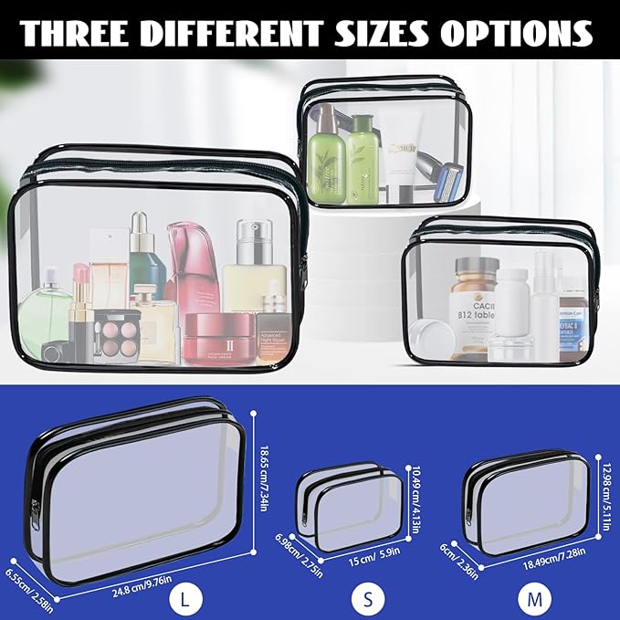 YedsIntu 16 Pieces Clear Cosmetic Bags PVC Clear Makeup Bags TSA Approved Toiletry Bag with Zipper Waterproof Vinyl Plastic Organizer Storage Transparent Pouch for Women and Men (Black, Small)