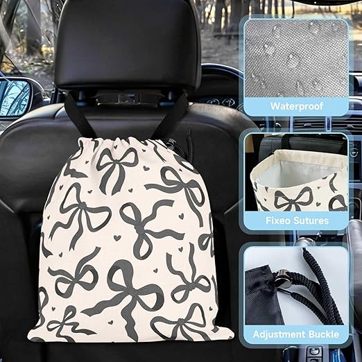 Black Bow Car Trash Bag - Waterproof Car Trash Bag Hanging Leakproof Car Garbage Bag - Washable Reusable Trash Bag for Car Interior Hanging Organizer Storage Vehicle Travelling Camping