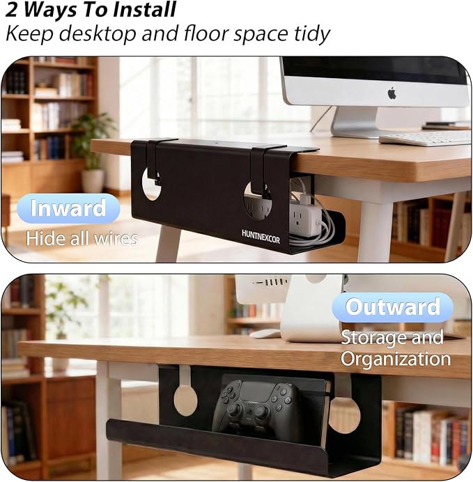 No Drill Under Desk Cable Management Tray with Clamp, Home/Office Desk Cord Organizer and Accessories Storage Shelf, 17'' Metal Cable Organizer for Standing/Gaming Desk, Office Supplies, Black 1 Set