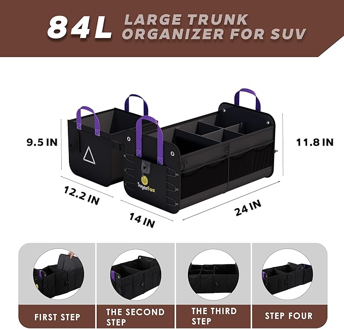 SugarFox Car Trunk Organizer SUV, 84L SUV Trunk Organizer – Waterproof Foldable Modular Trunk Organizer with Mesh Pockets, Non-Slip Base, Black - M313