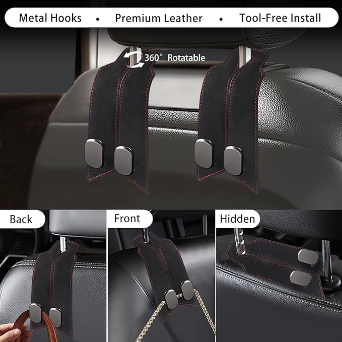 2Pcs Car Headrest Hooks with Premium Leather, Upgraded Double Metal Hooks with Anti-Drop Design, Universal Back Seat Hanger for Bags, Coats, Purses and Groceries (Classic Black)