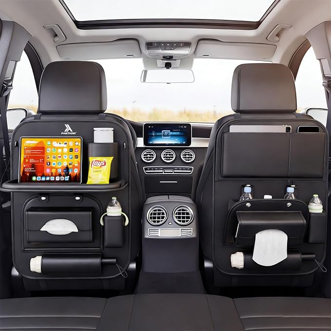2 Pack Universal Premium Leather Foldable Car Backseat Organizer with Table Tray, Car Seat Back Protector with Garbage Bag Touch Screen Pad Holder, Car Kick Mats with Tissue Box (Black)