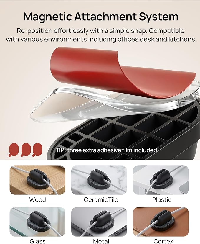 6 Pack Magnetic Cable Holder [2 in 1 Magnet & Adhesive] Cable Clips Silicone for Phone Charger, SODI Minimalist Cord Holder for Nightstand, No-Residue Adhesive Cord Organizer for Desk, Car, Office