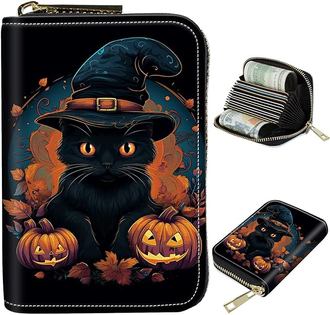 Cute Credit Card Holder with Zipper, Black Cat Halloween RFID-Blocking Card Case Small Wallet for Women Men, Multi-slot Card Organizer Case Travel Accordion Wallet