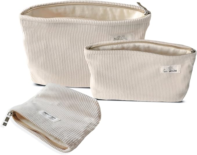 HAPPYHEIDI Corduroy Makeup Bag Set 3 w Divider Cosmetic Toiletry Travel Pouch Purse Organizer, 3-Size, Soft Creamy White
