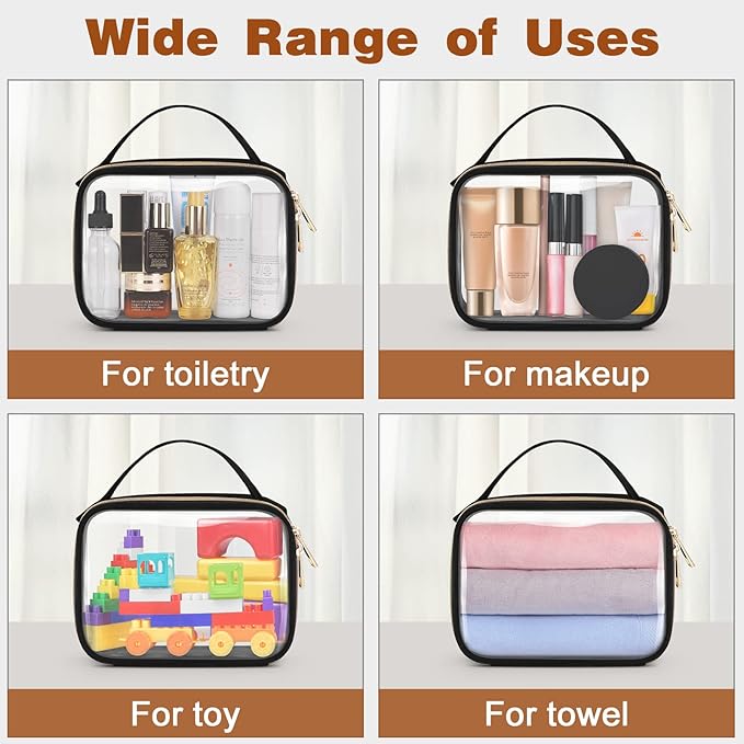 Wedama Clear Toiletry Bag, 2 Pack Clear Makeup Bags with Handles, PVC Cosmetic Bags for Women and Men, Large Opening Toiletry Bags, Black