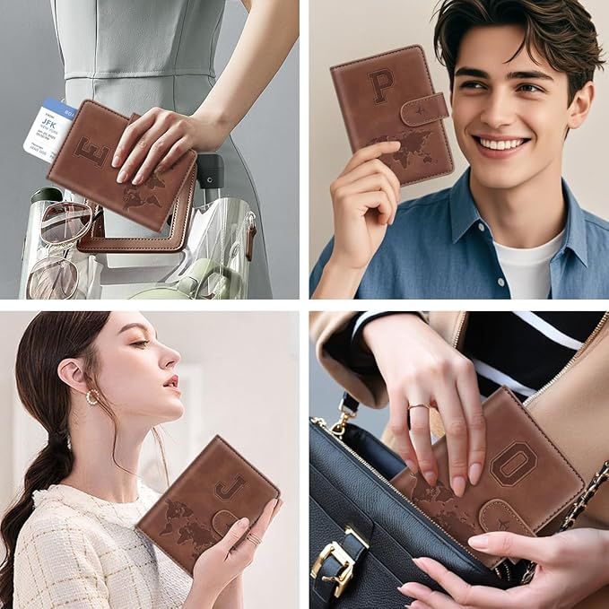 Passport Holder Cover Personalized Initial Letter A-Z Travel Wallet RFID Blocking Passport Cover Passport Book Holders for Women and Men, Brown-P