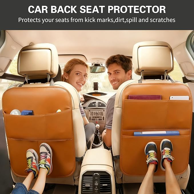 Kick Mat Back Seat Protector， Waterproof Leather Car Seat Back Organizers Cover with 3 Storage Pockets for Kids Pets SUV Sedan Minivan Truck Car Travel Accessories (Black 2-pack)