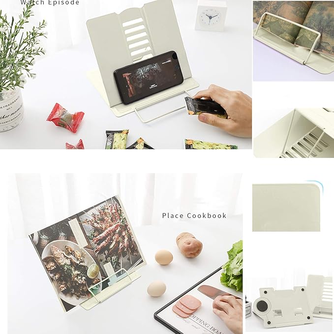 MSDADA Book Stand Metal Reading Rest Book Holder Adjustable Cookbook Documents Holder Portable Sturdy Bookstands for Recipes Textbooks Tablet Music Books with Page Clips Gifts for Girls (Milky White)