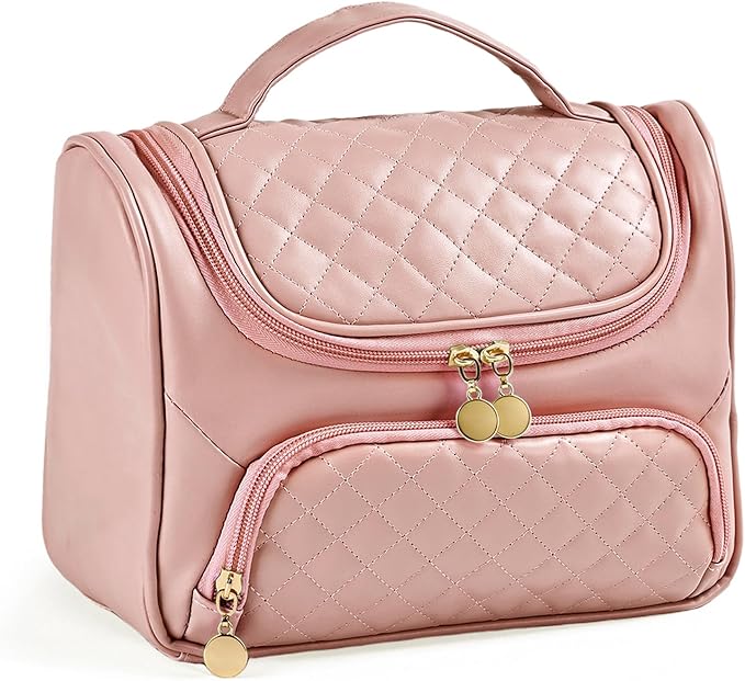 Greenfeather Cosmetic Bags for Women，Hanging Toiletry Bag with Makeup Brush Womens Travel Toiletry Bag for Women Essentials Travel Organizer for Full Sized Cosmetics and Toiletries Pink