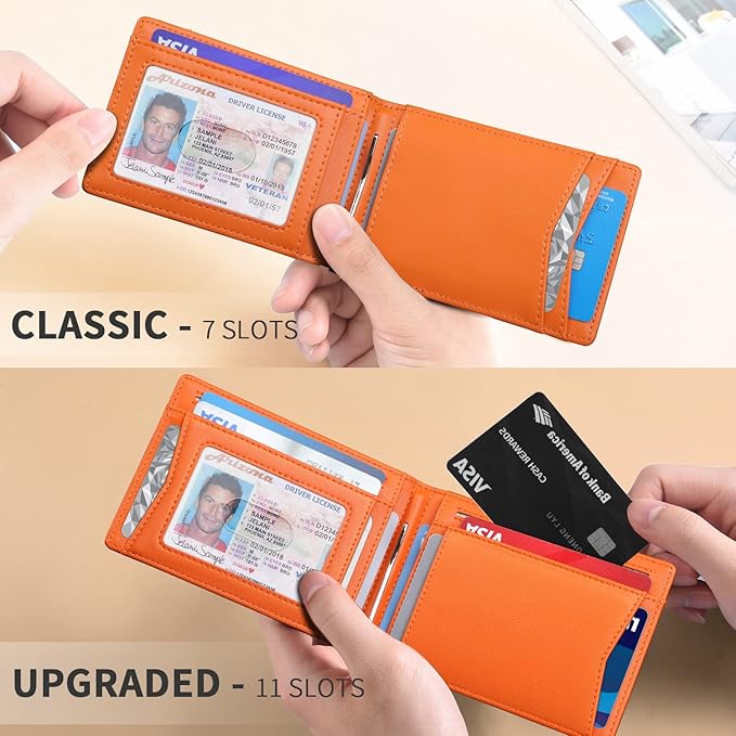 RUNBOX Slim Wallet for Men Genuine Leather RFID Blocking Bifold Minimalist Front Pocket Mens Wallet with Money Clip Thin Gift Box