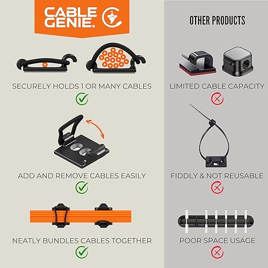 [Made in the UK] 10-Pack Adjustable Elastic Adhesive Cable Clips, Wire Management Holder, Cord Organizer for Home Office, Under Desk, Behind TV, Phone Charger, Laptop, PC, HDMI, USB (Black)