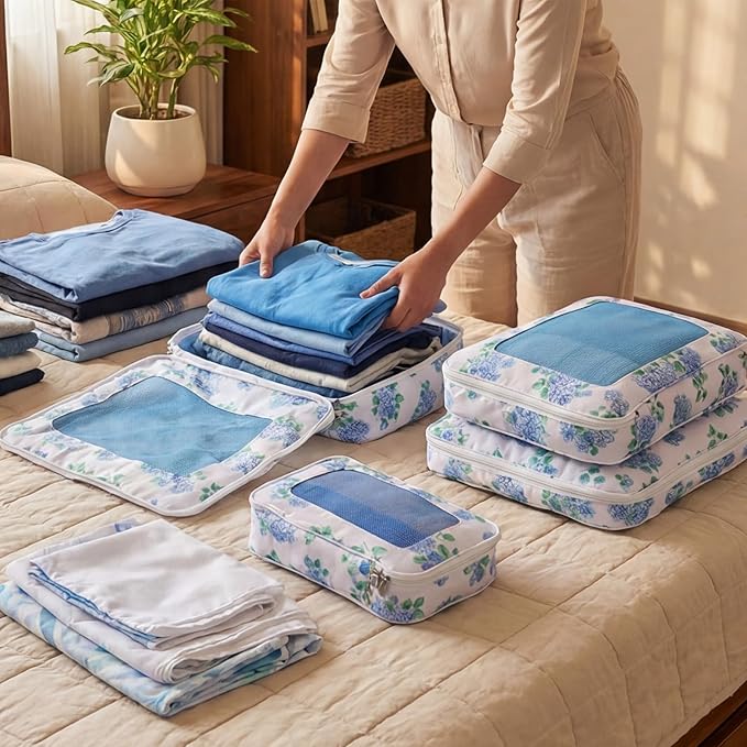Shinylin 3 Set Blue Floral Compression Packing Cubes for Travel Small Medium Large Luggage Packing Organizers Toiletries Bag for Cosmetics Clothing Accessories Shoes Bags Women Men