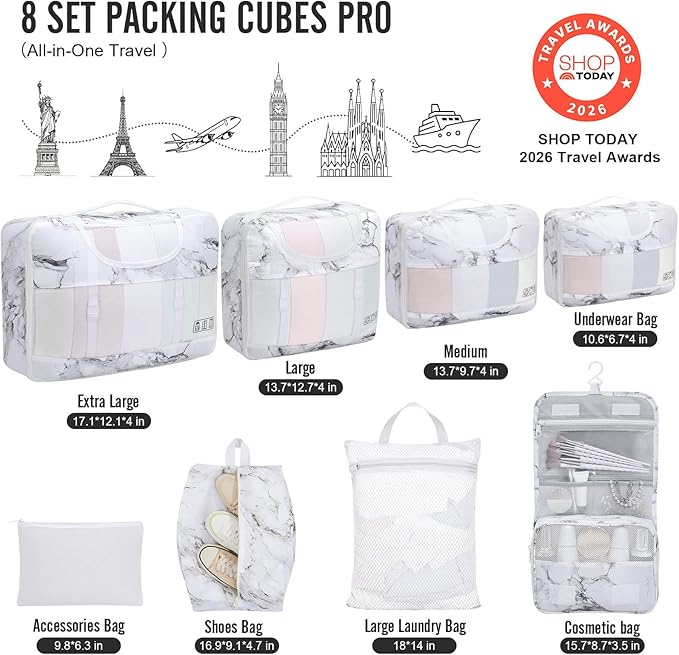 8 Set Packing Cubes for Travel Essentials, Suitcase Organizer Bags in 4 Sizes, Carry-On Luggage Accessories with Laundry Bag, Airplane Must Have, Gifts for Women Men