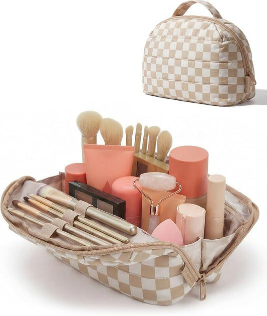 BAGSMART Travel Makeup Bag for Women, Portable Fold-down Cosmetic Case, Puffy Padded Make Up Organizer Pouch, Water-resistant Toiletry Bag for Toiletries, Brushes (Khaki Brown checkered Print)
