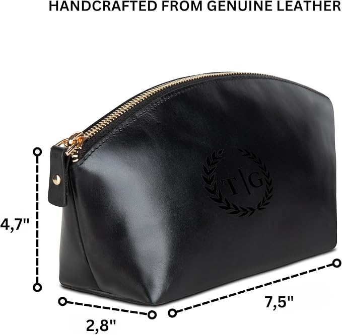 Premium Personalized Genuine Leather Cosmetic Makeup Bag - Wedding Gift for Bridesmaid, Travel Organizer Clutch for Women with Zipper Pouch for Toiletry Essentials (Avanza Black)