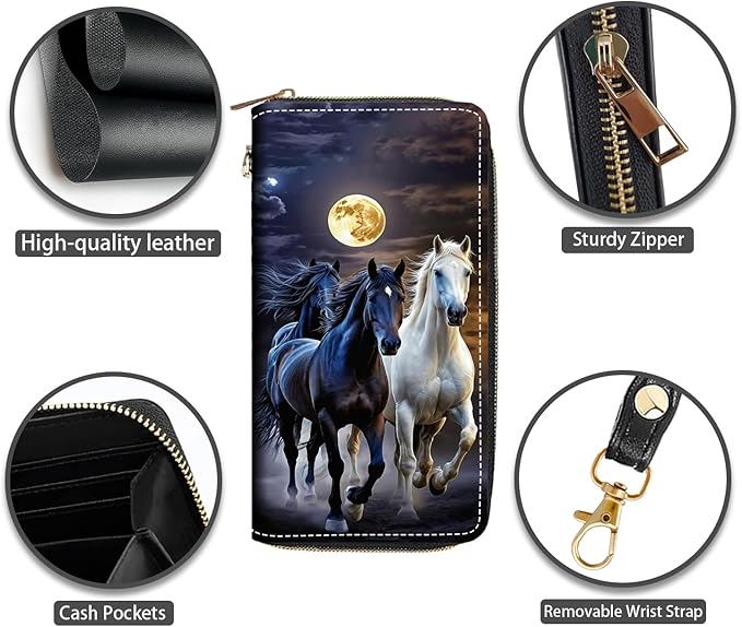 Running Horse Under The Moon Print Women Large Capacity PU Leather Zip Around Wallet, Multifunctional Clutch Purse for Cash/Card/Coin/Smart Phone