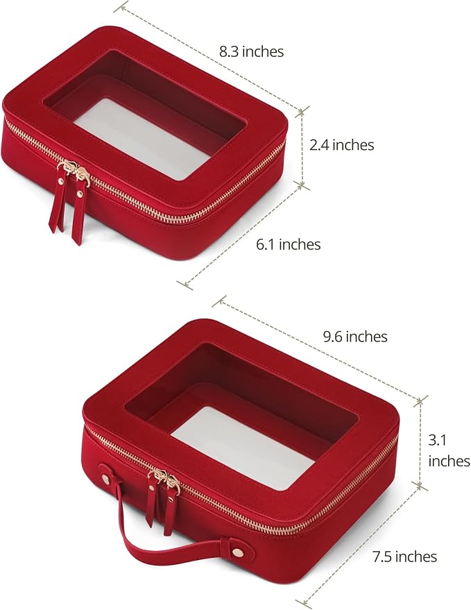 Popvibe Clear Makeup Bag Travel Cosmetic Case Toiletry Bag with Zipper, Red, Medium and Large