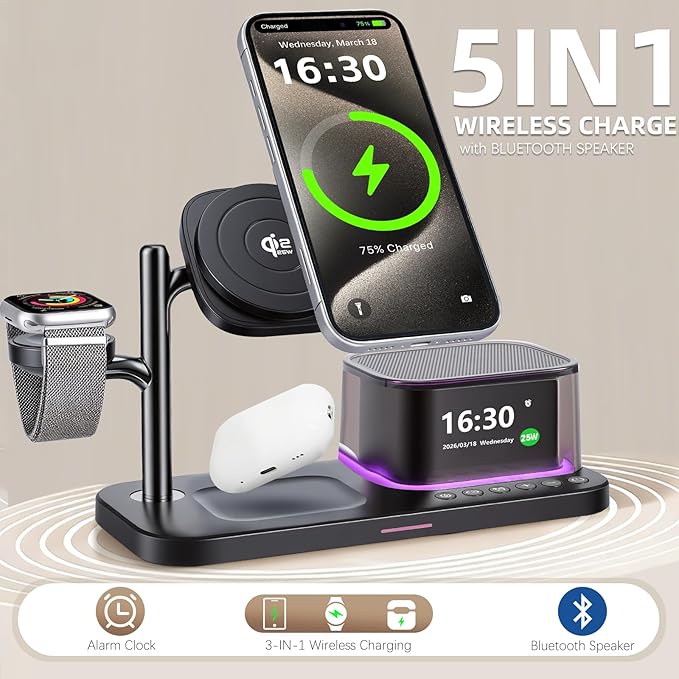 45W 5 in 1 Wireless Charging Station with Alarm Clock and Bluetooth Speaker & Night Light, Qi2.2 25W Fast Charger for MagSafe for iPhone 17/S26 Ultra, Charger Stand for iWatch & Galaxy Watch