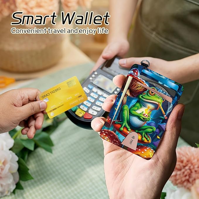 Small Travel Wallets, Frog Smoke Slim Minimalist Front Pocket Wallet with Wristlet, RFID Blocking PU Leather Credit Card Holder with ID Window Change Purse for Men Women