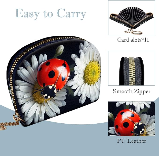 Women's Slim RFID Wallet – Compact Leather Card Holder Wallet for Women, 9 Card Slots RFID Blocking Credit Card Organizer, Small Travel Wallet - Ladybug on Daisy Flower