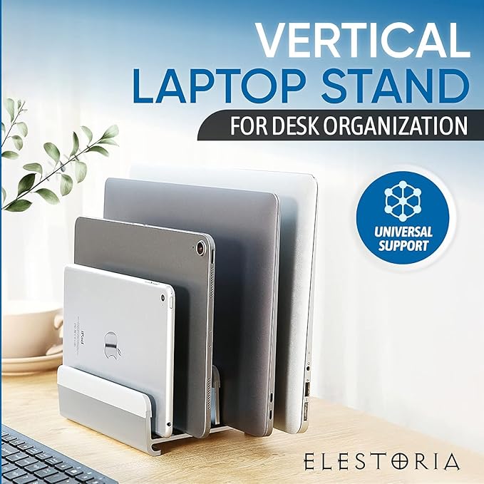 Elestoria 5- Slot Vertical Laptop Stand - Aluminum Laptop Stand Vertical for Desk - Adjustable Width (12-38mm) Fits MacBook Pro/Air, Surface & Gaming Laptops Upto 17.3 (Grey)