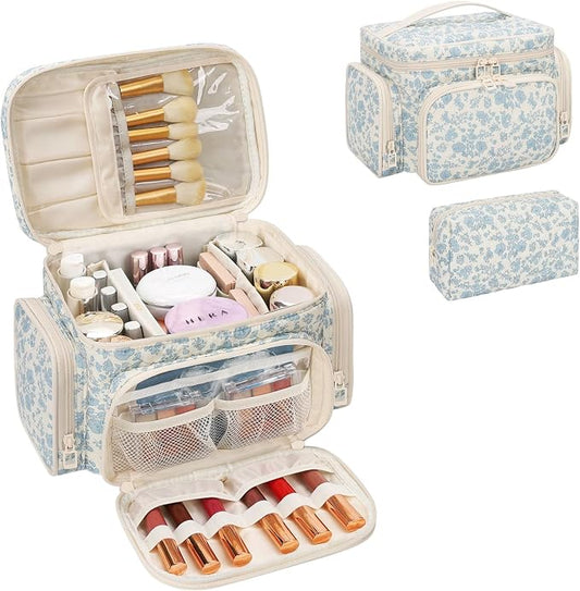 Makeup Bag Set, Travel Makeup Bag Organizer for Women Cute Floral Cosmetic Pouch Large Capacity with Makeup Brush Compartment, Cosmetic Travel Bag with Divider and Handle Toiletry Bag - Floral