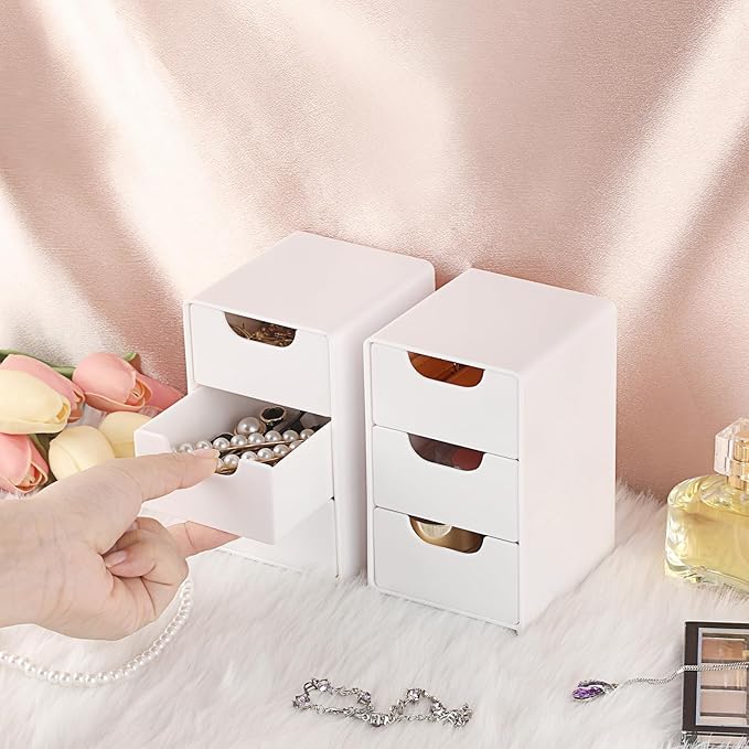BTSKY 1 Pack Small Acrylic Storage Organizer with Drawers, 3-Layer White Desktop Organizer for Office Supplies Mini Storage Box with Drawers for Desk, Desktop Makeup Drawer Jewelry Storage Box