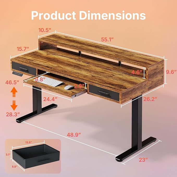 HUANUO 55″ x 26″ Electric Standing Desk with 2 Drawers &24.4″ Large Keyboard Tray, C-Clamp Mount Compatible, Adjustable Computer Desk for Office, Sit Stand Up Desk with 4 Height Presets, Vintage Brown