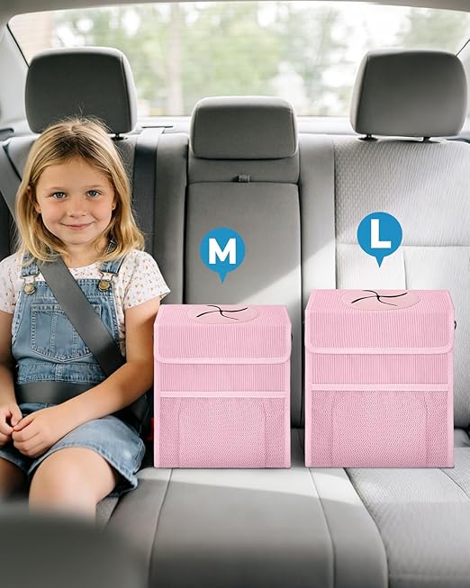 Corduroy Car Trash Can with Lid and Mesh Pockets - Leakproof Organizer,Multipurpose Waterproof Garbage Can/Trash Bin for Car(Light Pink-3 Gallons)