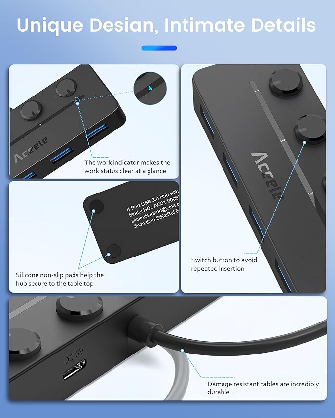 Aceele USB Hub 3.0 with Individual LED Power Switches & Type C Power Port, Multiport USB Splitter 3.0 with 4FT Long Cable, Slim & Portable USB Port Extender for Laptops, PC, MacBook, Mac Pro and More