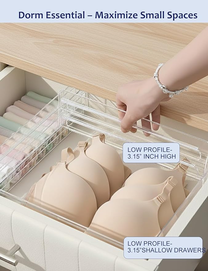 5 Pack Clear Drawer Dividers - Adjustable & Expandable Dresser Organizers, 3.15" High Plastic Separators with Non-Slip Adhesive for Clothes, Baby Nursery, Bathroom, Kitchen & Makeup